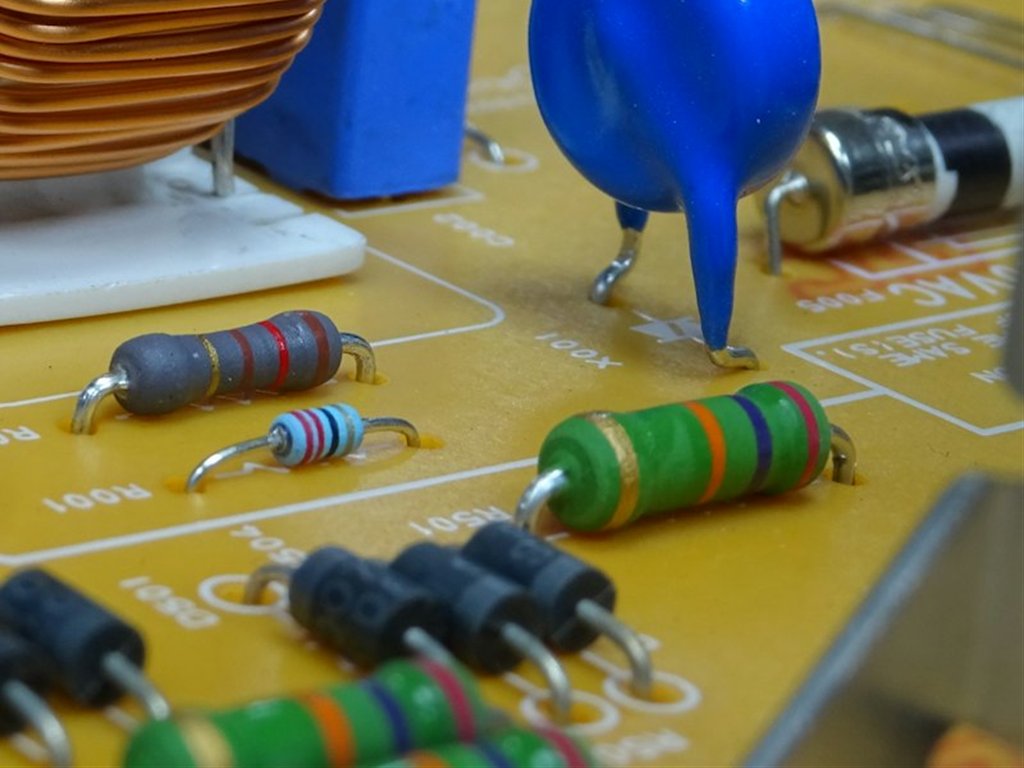 Resistors, diodes and capacitors on a circuit board